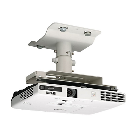 Weißer Deckenprojektor mit Halterung. Unten: Epson, WXGA, Linse und Lüftungsschlitze. Oben: Halterung. Schrauben.