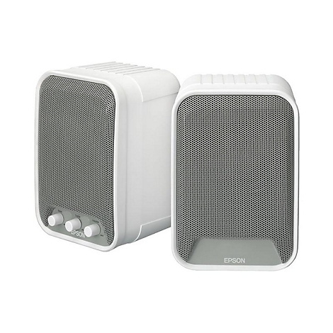 Zwei weiße EPSON-Lautsprecher. Graue Gitter vorne, darunter Regler und EPSON-Logo.