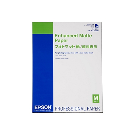 Epson Enhanced Matte Paper Verpackung im Format A2 mit blau-grünem Design auf weißem Hintergrund.