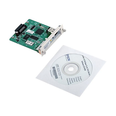 Ein grünes Leiterplattenmodul und eine CD-ROM-Hülle mit dem Epson-Logo und Text.