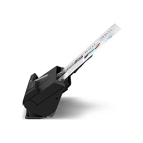 Ein schwarzer Scanner mit einem eingelegten Dokument, das aus dem Gerät ragt.