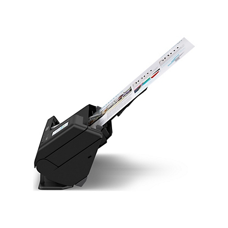 Un scanner noir avec un couvercle ouvert, aspirant une feuille de papier. La feuille contient des motifs de test colorés.