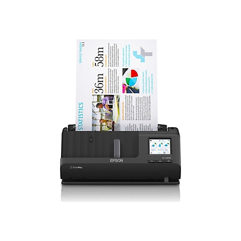 Un scanner Epson noir avec un document qui passe à travers. Le papier contient des statistiques et des graphiques.
