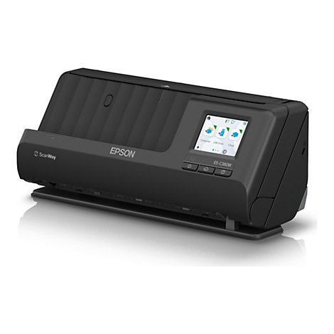 Scanner Epson ES-C380W noir avec écran et commandes, posé sur une surface blanche.
