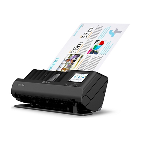 Un scanner Epson noir avec un document représentant des graphiques et du texte en cours d'insertion dans le scanner.