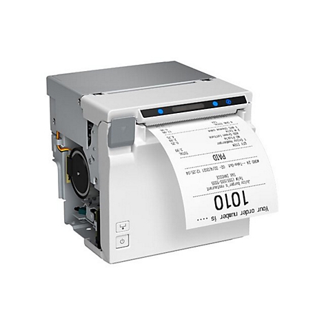 Ein weiß-grauer Thermodrucker, aus dem ein Kassenzettel kommt. Auf dem Zettel stehen Bestellnummer und die Aufschrift PAID.