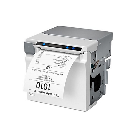 Ein weißer Thermobondrucker gibt einen Kassenzettel aus. Der Beleg zeigt „PAID“ und Bestellnummer 1010. Blaue LED-Lichter.