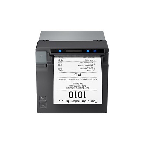 Schwarzer Belegdrucker mit blau leuchtenden Kontrollleuchten. Ein Kassenzettel wird gedruckt mit Restaurantdaten und Rechnungsnummer.