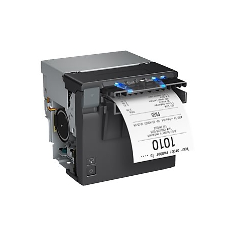 Ein Kassendrucker druckt einen Kassenbon. Der Drucker ist schwarz und grau mit blauen Lichtern. Auf dem Bon stehen Informationen wie 'PAID', '1010' und Bestellnummer.