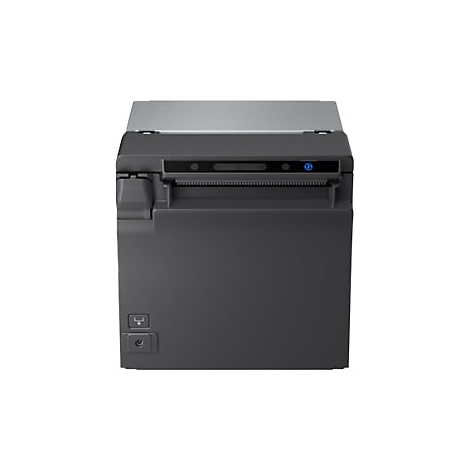 Schwarzer Belegdrucker auf weißem Hintergrund. Der Drucker hat eine Öffnung für das Papier und eine Anzeige mit blauer Beleuchtung.