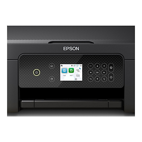 Schwarzer Drucker mit EPSON-Logo. Auf dem Bedienfeld: Power-Knopf, Display mit Menü, Navigationsbuttons. Der Drucker steht vor weißem Hintergrund.