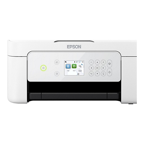 Nahaufnahme eines weißen Epson-Druckers mit einem Bedienfeld und einem Display, das Optionen wie Kopieren und Scannen anzeigt. Das Epson-Logo ist oben zentriert.
