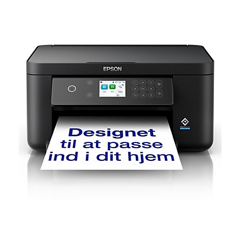 Schwarzer Epson Drucker druckt Text in Blau: Designet til at passe ind i dit hjem.