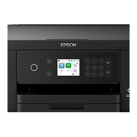 Schwarzer Epson Drucker, Touchscreen mit Menü, darauf Knöpfe wie Kopieren, Scannen. Oben das Epson-Logo.