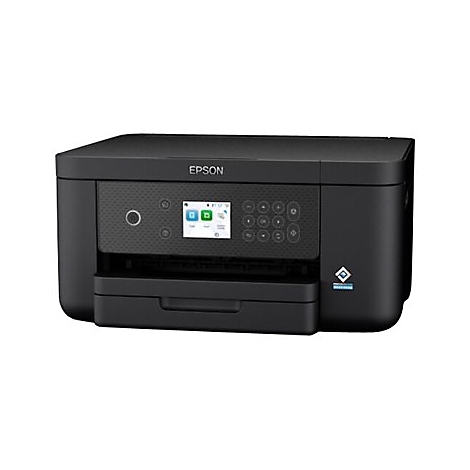 Schwarzer Epson-Drucker; Bedienfeld mit Bildschirm und Tasten, Papierschublade.