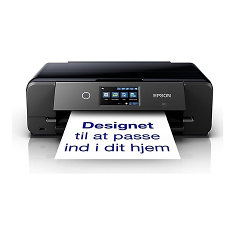 Schwarzer Epson-Drucker mit einem Blatt Papier, auf dem in Blau 'Designet til at passe ind i dit hjem' steht.