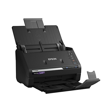 Scanner Epson noir avec le couvercle ouvert ; en dessous, un compartiment ouvert. Le logo Epson est visible.