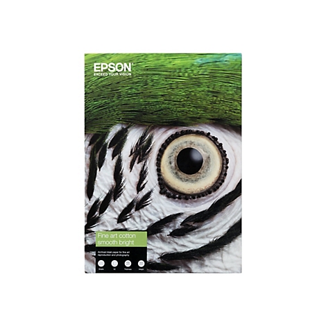 Epson Fine Art Cotton Smooth Bright Papierverpackung mit dem Bild eines Papageienauges auf der Vorderseite.