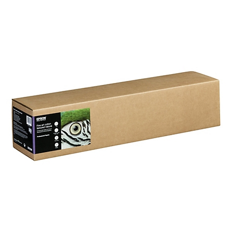 Epson Fine Art Cotton Kartonverpackung mit Produktetikett und Vogelaugen-Motiv auf neutralem Hintergrund.