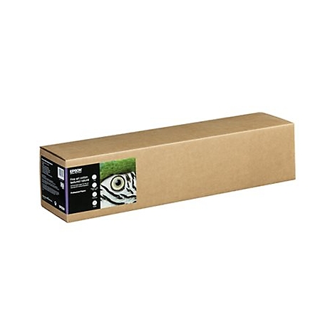 Länglicher, brauner Karton von Epson für Fine Art Papier mit Produktaufdruck und Vogelaugen-Motiv.