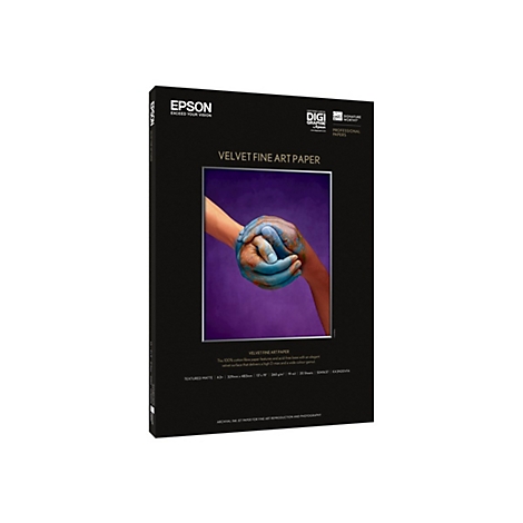 Epson Velvet Fine Art Paper Verpackung auf schwarzem Grund mit Motiv zweier sich haltender Hände.