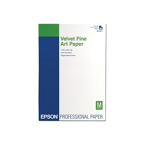 Epson Velvet Fine Art Paper Verpackung mit weißer Oberfläche und blauem sowie grünem Balken.