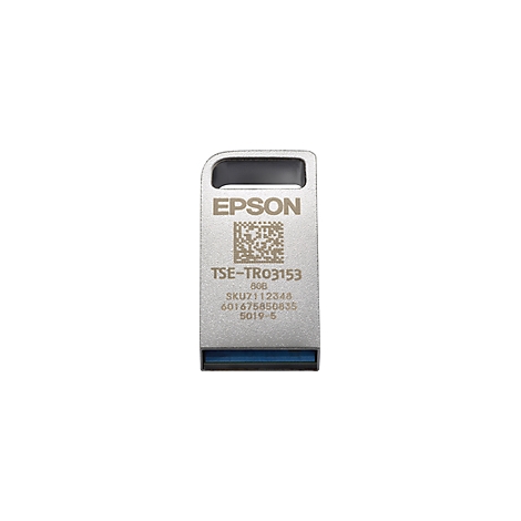 Ein silberfarbener USB-Stick von Epson. Auf der Vorderseite sind Schriftzüge wie "EPSON", "TSE-TR03153" und "8GB" zu sehen.