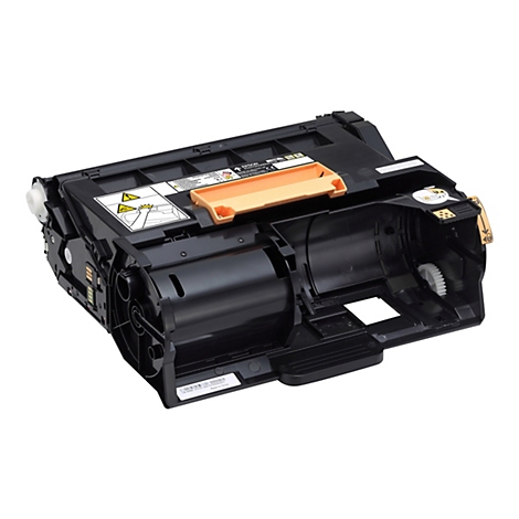 Schwarze Epson-Trommeleinheit mit orangefarbenen Akzenten, auf weißem Hintergrund. Warnhinweise sind aufgedruckt.