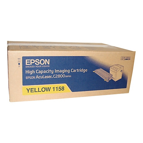 Gelbe Epson-Druckerpatrone in Verpackung. Aufschrift: "High Capacity Imaging Cartridge", "YELLOW 1158".