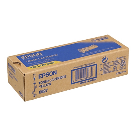Ein Epson Toner Cartridge gelb in einer braunen Verpackung vor weißem Hintergrund. Auf der Verpackung steht Epson, Yellow 0627 und Warnhinweise.