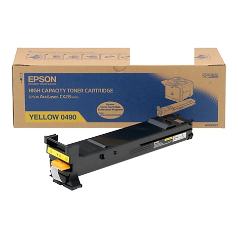 Ein Epson AcuLaser CX28-Toner-Kartusche in Gelb, mit Produktverpackung im Hintergrund.