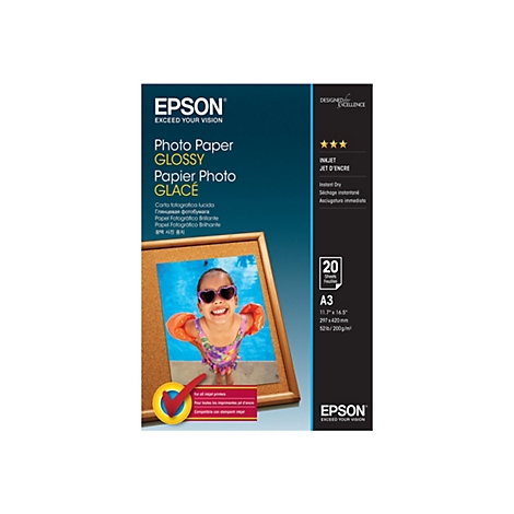 Epson Hochglanz-Fotopapier A3, 20 Blatt, mit einem Kind mit Schwimmflügeln als Motiv.
