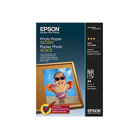 Epson Hochglanz-Fotopapier A4 Packung mit einem Kind im Pool auf dem Cover.