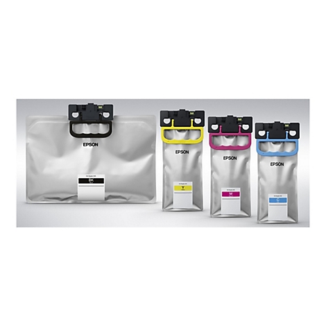 Vier Epson Tintenpatronen in verschiedenen Größen mit schwarzen Halterungen und farbigen Griffen. Die Farben sind: Schwarz, Gelb, Magenta und Cyan.