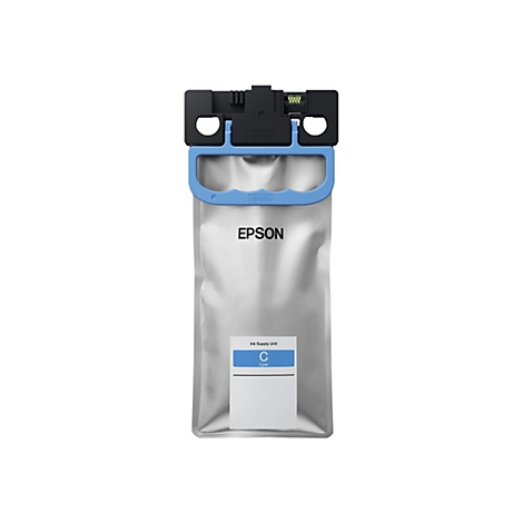 Eine Tintenpatrone der Marke Epson in Cyan vor weißem Hintergrund.