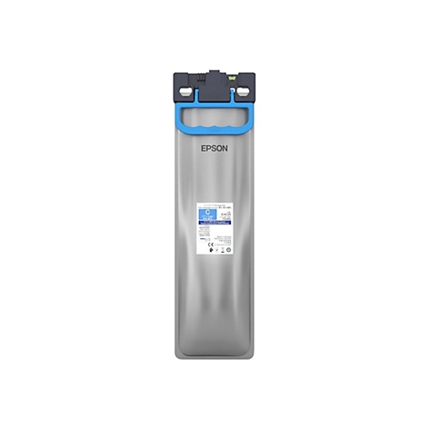 Ein Epson Tintenbeutel für Cyan, aufrechtstehend vor weißem Hintergrund mit blauem Griff.