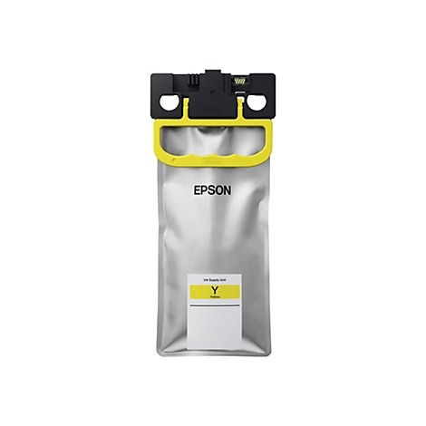 Gelbe Tintenpatrone von Epson. Schwarzer Kopf und Halterung. Aufschrift: Epson, Ink Supply Unit, Y, Yellow.