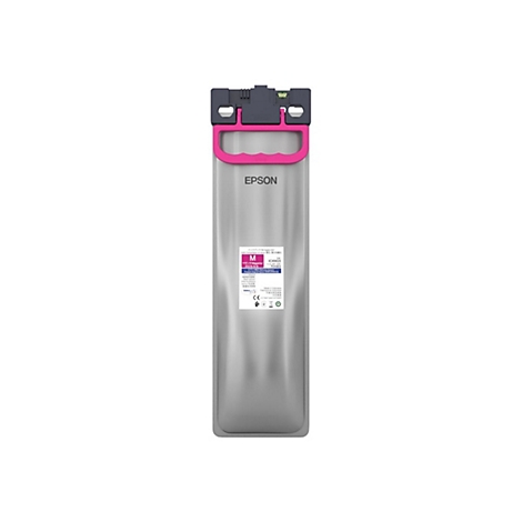 Epson Tintenbeutel in Magenta mit pinkfarbenem Griff und weißem Etikett vor weißem Hintergrund.