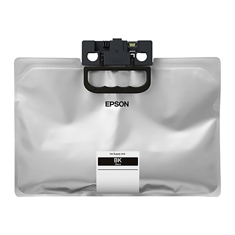 Schwarze Tintenpatrone von Epson. Auf dem weißen Beutel ist ein schwarzer Griff und ein schwarzes Gehäuse angebracht. Epson ist auf dem Griff aufgedruckt, sowie auf dem Beutel.