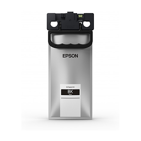 Schwarze Epson Tintenpatrone, silberfarbenes Gehäuse mit schwarzem Griff und Aufschrift 'EPSON'.