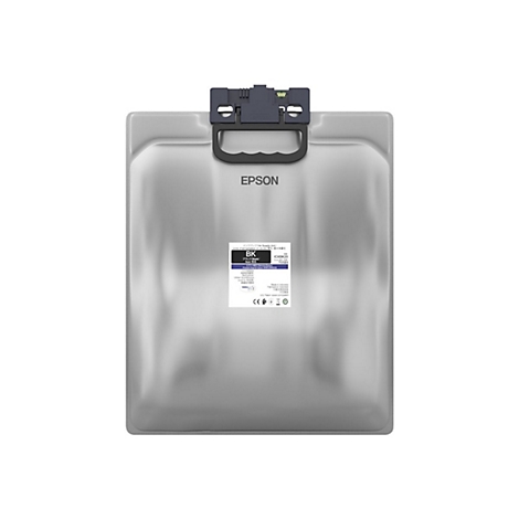 Silberner Epson T05B1 Tintenbeutel für Drucker mit schwarzem Griff und Label.