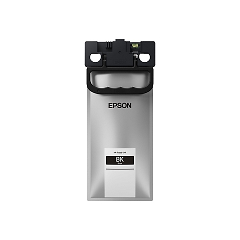 Schwarze Epson-Tintenpatrone, auf weißem Hintergrund. Auf der Patrone steht: "Epson", "BK, Black", sowie weitere technische Details.