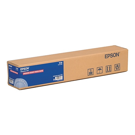 Länglicher brauner Pappkarton von Epson mit blauem Etikett für Premium Glossy Fotopapier.