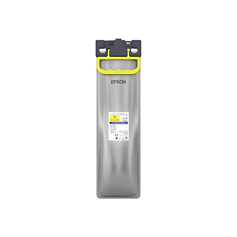 Gelbe Tintenpatrone, grauer BehÃ¤lter mit gelbem Griff. Aufschrift: EPSON, Y. WeiÃŸe Etiketten.