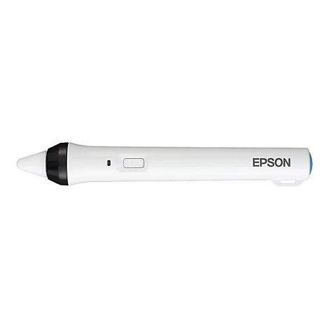 Ein weißer, länglicher Epson Interaktiv-Stift mit schwarzer Spitze vor weißem Hintergrund.