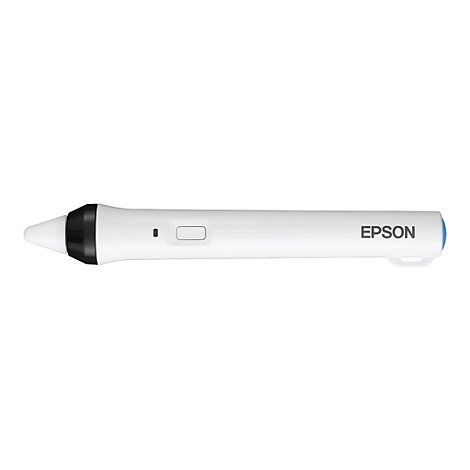 Ein weißer, schlanker Epson Interaktionsstift auf weißem Hintergrund mit schwarzer Spitze und Funktionstaste.