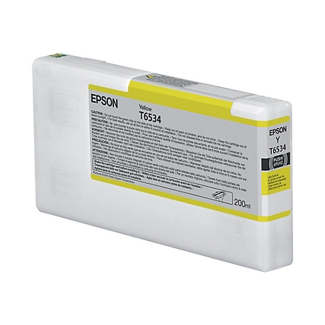 Une cartouche d'encre jaune Epson T6534 avec texte et logo.
