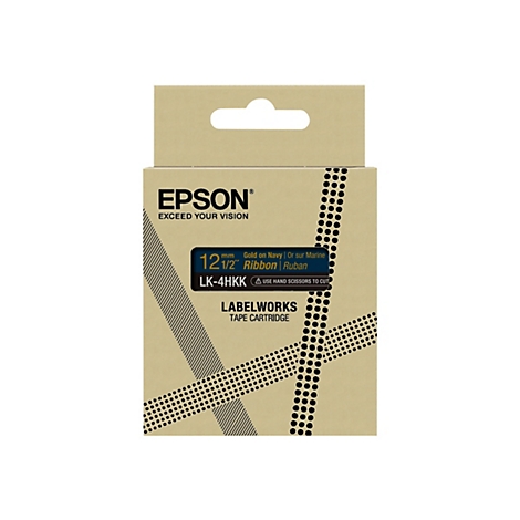 Hellbraune Verpackung mit Epson-Logo und Produktinformationen. Schwarze Punkte und Linien auf der Oberfläche. Aufdruck: "Gold auf Navy".