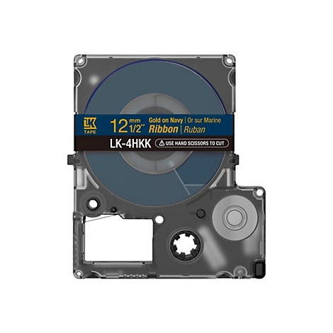 Etikettenband für Beschriftungsgeräte. Blaues Band auf einer Spule, umgeben von transparentem Kunststoff. Beschriftung: 12,5 mm, Gold auf Marine.