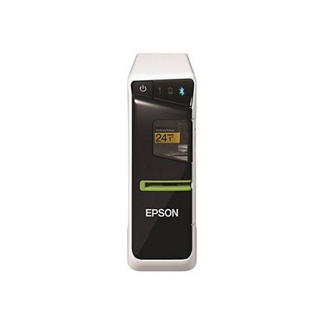 Imprimante noir et blanc avec bande verte et logo EPSON. Texte sur l'écran : Black on Yellow 24 mm 1".